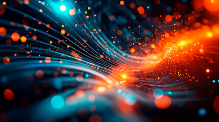 Abstract digital art featuring flowing light trails in vibrant blue and orange hues, with glowing particles creating a dynamic and futuristic energy-filled composition