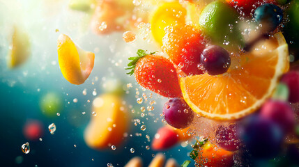 Vibrant fruits including orange slices, strawberries, blueberries, and lime floating underwater with air bubbles, creating a fresh and colorful composition
