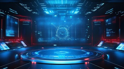 Futuristic control room with circular platform and holographic displays.