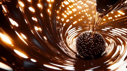 A glossy chocolate ball is submerged by a liquid chocolate flowing over it, with a swirling backdrop of light