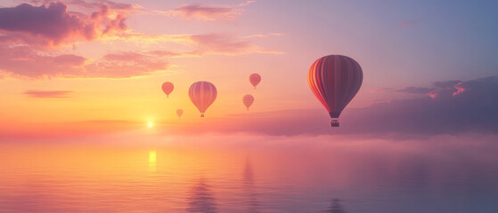 Fototapeta premium vibrant sunset with colorful hot air balloons floating over calm sea. scene evokes sense of tranquility and adventure