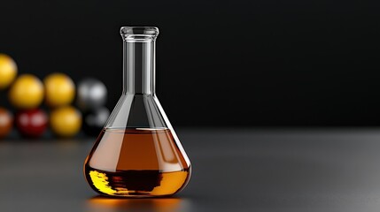 Amber Liquid in Erlenmeyer Flask: A close-up shot of an Erlenmeyer flask containing a vibrant amber liquid, set against a dark background with blurred spheres.