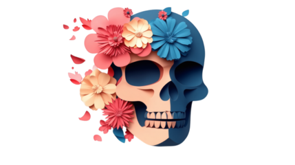 Colorful Flower-Decorated Skull on White Background