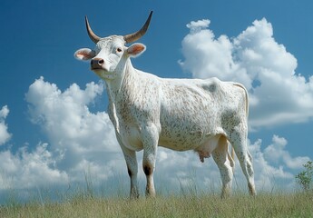 Majestic White Cow Standing Gracefully in a Lush Green Field Underneath a Bright Blue Sky with Fluffy White Clouds in the Background