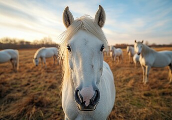 Obraz premium Majestic White Horse Gazing at the Camera in a Serene Landscape with Other Horses in the Background Under a Vibrant Sunset Sky
