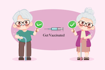 Cute cartoon characters of grandparents get vaccinated. Elderly healthcare concept. Premium vector animated drawing.
