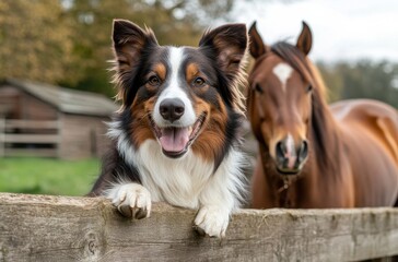 Playful Border Collie Dog Smiling by the Fence with a Brown Horse Nearby in a Serene Farm Setting Surrounded by Nature in Autumn