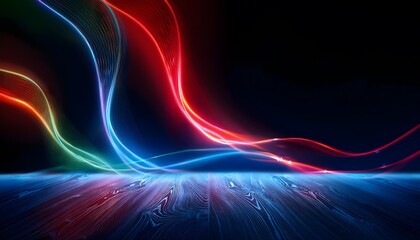 Naklejka premium Neon Wave abstract background, Isolated on a dark background, colorful Neon wave with glow, Technology, network, internet concept, Copyspace with empty table 