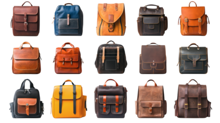 Collection of Leather Backpacks on White Background