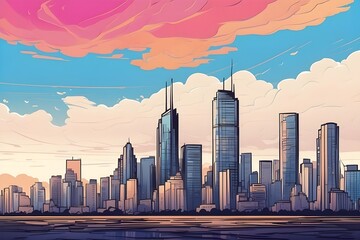 comic book style of the downtown city skyline. illustration of digital art. AI that is generative.