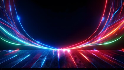 Neon Wave abstract background, Isolated on a dark background, colorful Neon wave with glow, Technology, network, internet concept, Copyspace with empty table 