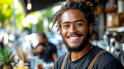 Cheerful young African American man with dreadlocks and beard smiling at cafe. Natural lifestyle portrait showing genuine happiness and positive emotions perfect for wellness and lifestyle blogs.