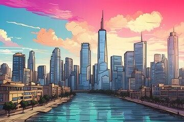 comic book style of the downtown city skyline. illustration of digital art. AI that is generative.
