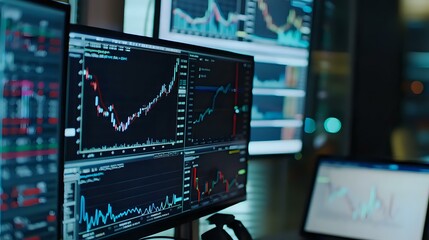 Financial trading screens showing stock market charts and graphs in dark office environment. Multiple monitors display real-time market data analysis for investment decisions.