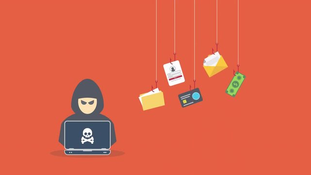 Hacker with laptop computer stealing confidential data, personal information and credit card detail. Hacking concept.	