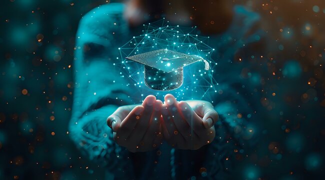Glowing digital graduation cap hologram floating above cupped hands against dark background, perfect for education technology and future learning concepts.
