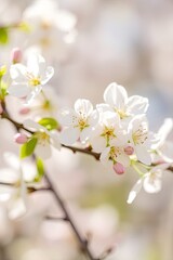 Fototapeta premium Delicate white blossoms with hints of pink cluster along a slender branch, softly illuminated against a bright, blurred background. Springtime beauty in bloom.