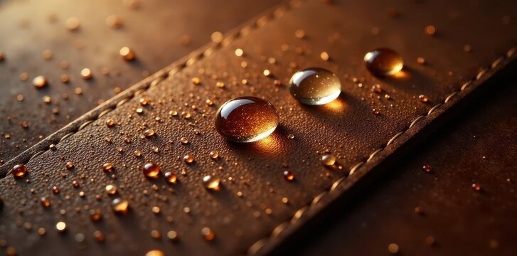 Clear droplets beading on rich, brown leather , rustic, surface, still life