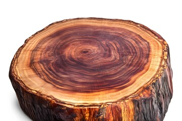 Detailed view of a wooden tree stump isolated on a white background.
