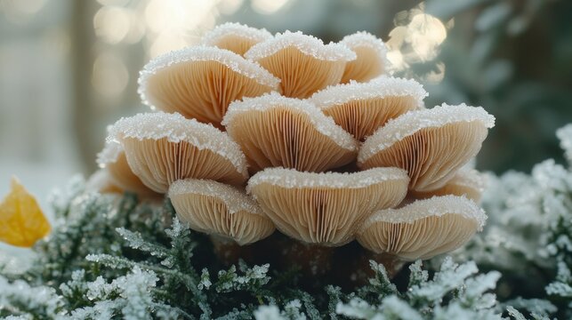 Frosty mushrooms cluster in winter forest