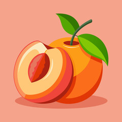 Fresh ripe organic peach with pit and leaves cut in half against bright peach pink background. Juicy Ripe Peach with Leaf and Sliced Half - Vibrant Summer Fruit Design.