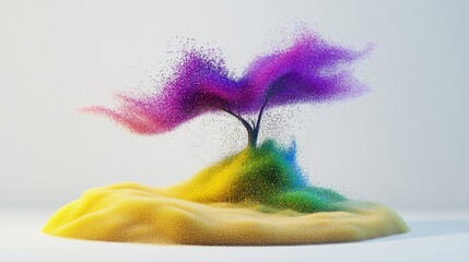Colorful Particle Tree Erupting From Golden Sand on a White Background