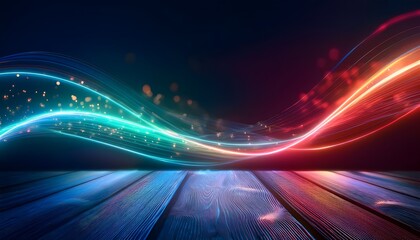 Neon Wave abstract background, Isolated on a dark background, colorful Neon wave with glow, Technology, network, internet concept, Copyspace with empty table 