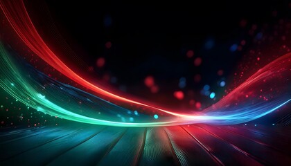 Neon Wave abstract background, Isolated on a dark background, colorful Neon wave with glow, Technology, network, internet concept, Copyspace with empty table 