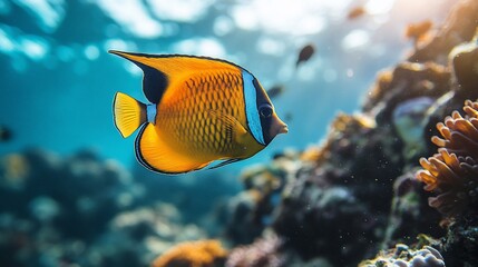 Vibrant orange fish swimming near coral reef.