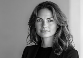 Obraz premium Professional woman with wavy hair in a portrait setting, exuding confidence and poise, showcasing modern business attire and a strong, engaging expression.