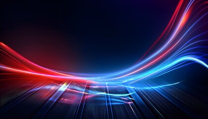 Neon Wave abstract background, Isolated on a dark background, colorful Neon wave with glow, Technology, network, internet concept, Copyspace with empty table 