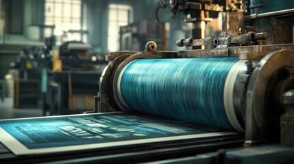 Close-up view of printing press featuring vibrant ink rolling onto freshly printed materials in a busy workshop
