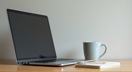 Fototapeta premium Laptop computer sitting on a desk with a cup of coffee