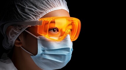 Focused Scientist: Close-up profile of a scientist wearing protective gear, including safety glasses and a face mask, against a dramatic dark background. Her gaze is intense and focused.