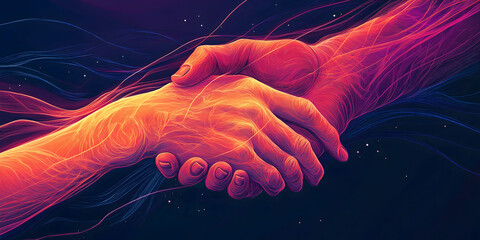 Two hands shaking with glowing abstract energy lines symbolizes trust,collaboration,psychological support, ideal for concepts of teamwork, connection,mutual encouragement in modern,creative contexts