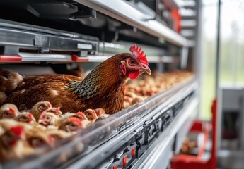 Scene of Modern Poultry Farming with Chickens in an Industrial Setting, Showcasing the Efficient Use of Space and Animal Welfare Standards