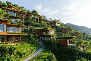 Obraz premium A scenic hillside resort with angular terraces, timber cladding, and lush vegetation integrated into the structure