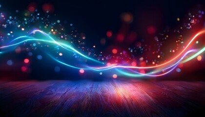 Neon Wave abstract background, Isolated on a dark background, colorful Neon wave with glow, Technology, network, internet concept, Copyspace with empty table 