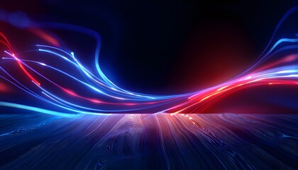 Neon Wave abstract background, Isolated on a dark background, colorful Neon wave with glow, Technology, network, internet concept, Copyspace with empty table 