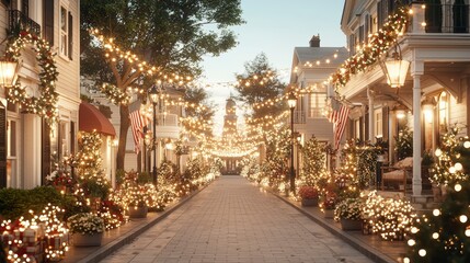 Fototapeta premium A beautifully lit street adorned with vibrant holiday decorations, creating a warm and inviting atmosphere for festive celebrations and gatherings.