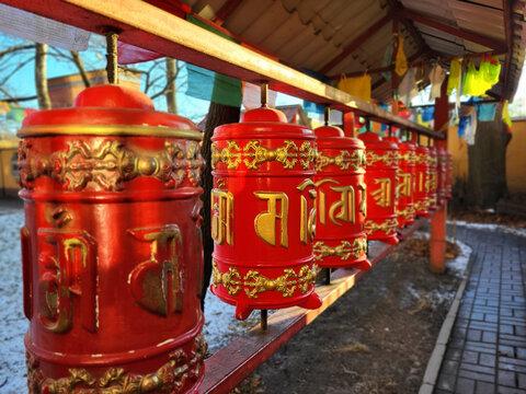 prayer wheels at the Datsan Gunzechoinei Buddhist temple