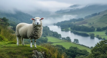 Obraz premium Serene Landscape with a Single Sheep on a Hilltop Overlooking a Misty River Valley Surrounded by Lush Greenery in a Picturesque Natural Setting