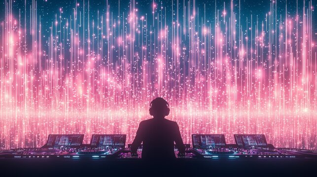 A DJ performs at a vibrant music event, surrounded by dazzling lights and a dynamic atmosphere, creating an electrifying experience for the audience.