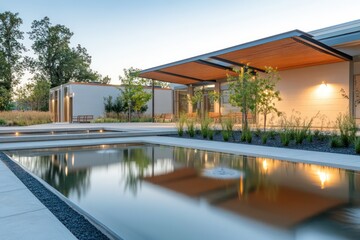 Fototapeta premium A serene clinic exterior with shaded terraces, soft lighting, and a reflective water feature