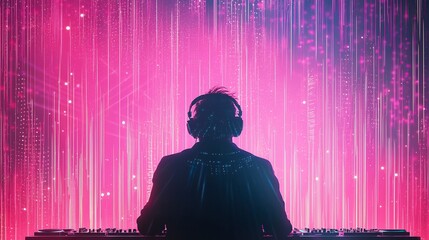 A dynamic silhouette of a DJ immersed in vibrant colors, creating a lively atmosphere for a musical performance, showcasing artistry and excitement.