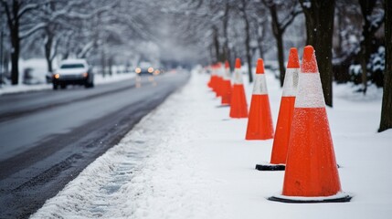 Snowy road lined with orange traffic cones for winter safety