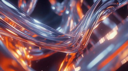 Abstract flowing glass tubes with orange lighting and dark background 3d render