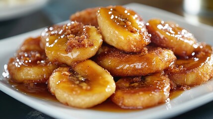 Close-up of a delicious fried banana dessert drizzled with honey on a white plate