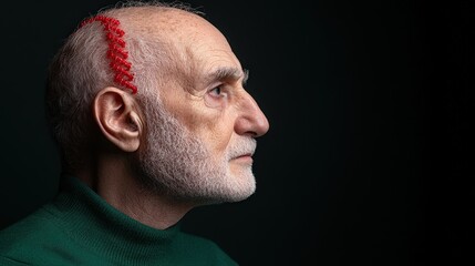 Obraz premium The Red Line: A poignant portrait of an elderly man with a striking red line etched across his shaved head. The line evokes a sense of mystery and contemplation.