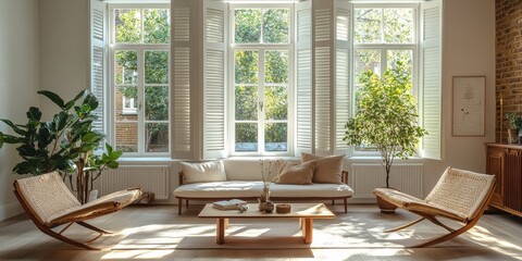 Obraz premium Bright and Airy Living Room With Large Windows and Natural Plants in a Serene Indoor Setting